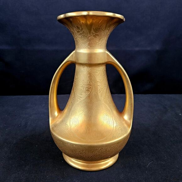 VTG G.W.W. Gold Vase 10" Peacock Etching Two Handles 1943 Signed MCM - Picture 1 of 10